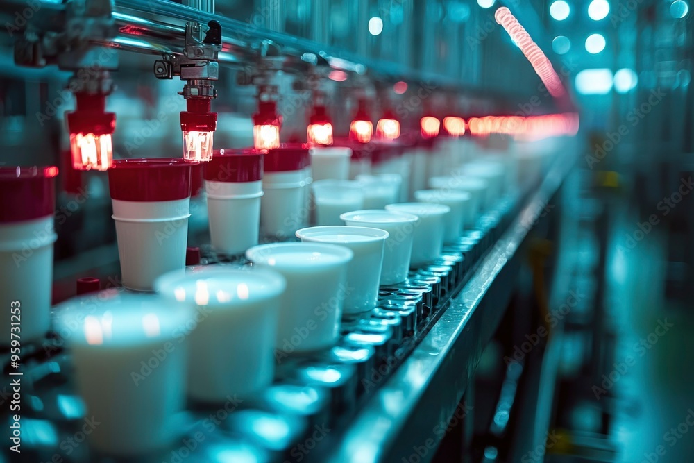 Fototapeta premium Automated Production Line Filling White Cups with Liquid