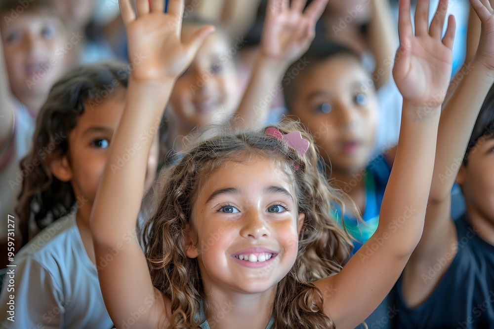 Fototapeta premium Joyful Children Engaging in a Classroom Activity with Hands Raised