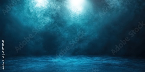 empty dark teal room background texture with smoke and spotlight, 