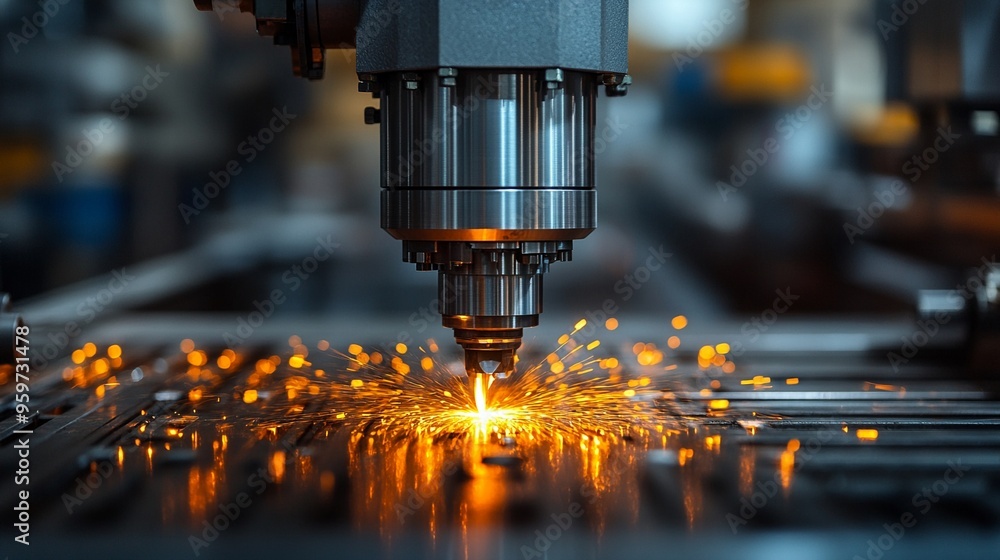 Precision in Motion: A close-up of a CNC machine cutting metal with a laser, sparks flying in a mesmerizing display of industrial precision and innovation. Precision in Motion: A close-up of a CNC machine cutting metal with a laser, sparks flying in a mesmerizing display of industrial precision and innovation.
