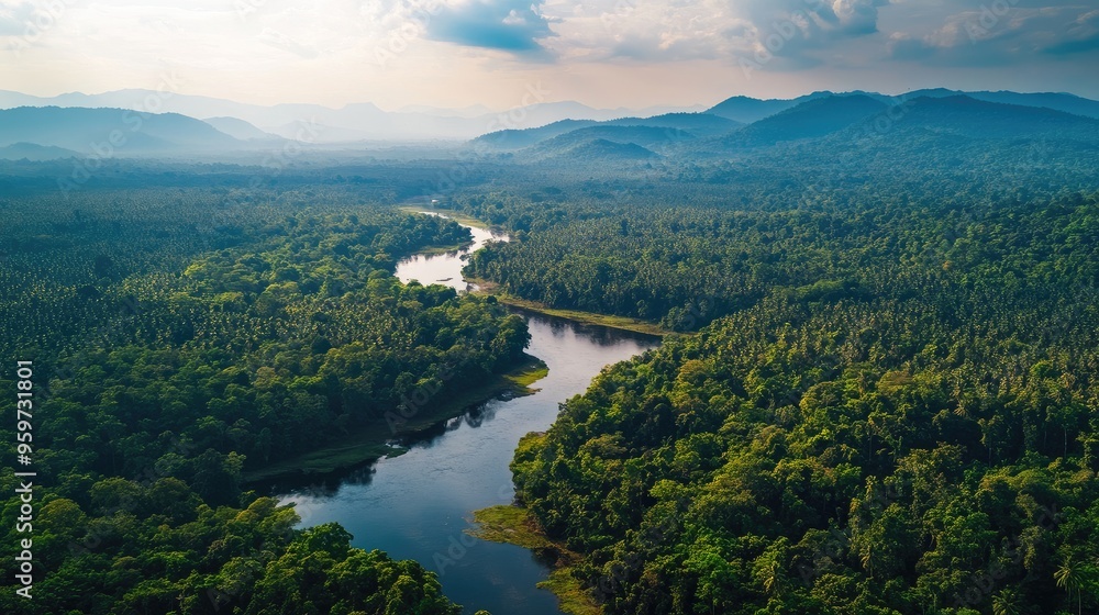 Top view of the lush countryside surrounding the Cardamom Mountains, with dense jungles and flowing rivers. Top view of the lush countryside surrounding the Cardamom Mountains, with dense jungles and flowing rivers.
