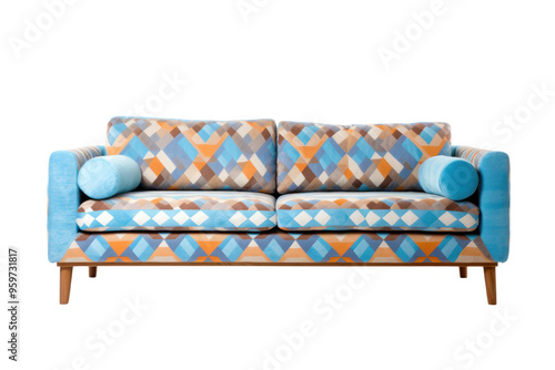 A stylish 3-seater sofa with a unique geometric pattern, upholstered in a durable, easy-to-clean fabric. Isolated on white background