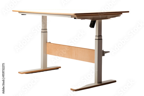 A standing desk with an adjustable height mechanism, isolated on a white background.