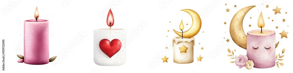 A collection of beautifully designed candles featuring various styles, colors, and themes for a calming atmosphere. A collection of beautifully designed candles featuring various styles, colors, and themes for a calming atmosphere.