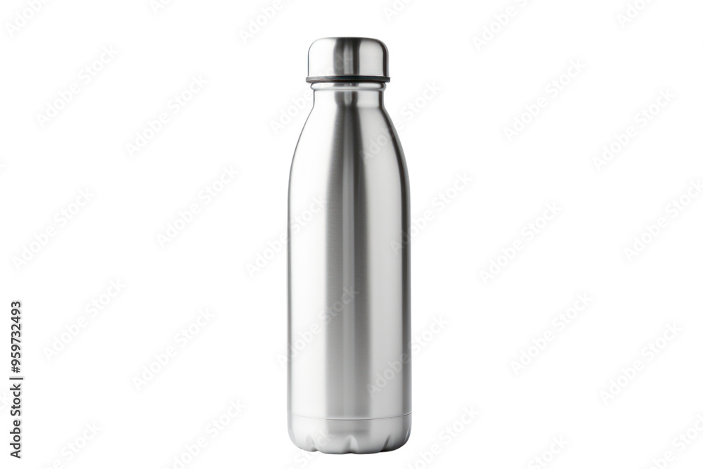 A stainless steel water bottle with a sleek, minimalist design, isolated on a white background. A stainless steel water bottle with a sleek, minimalist design, isolated on a white background.