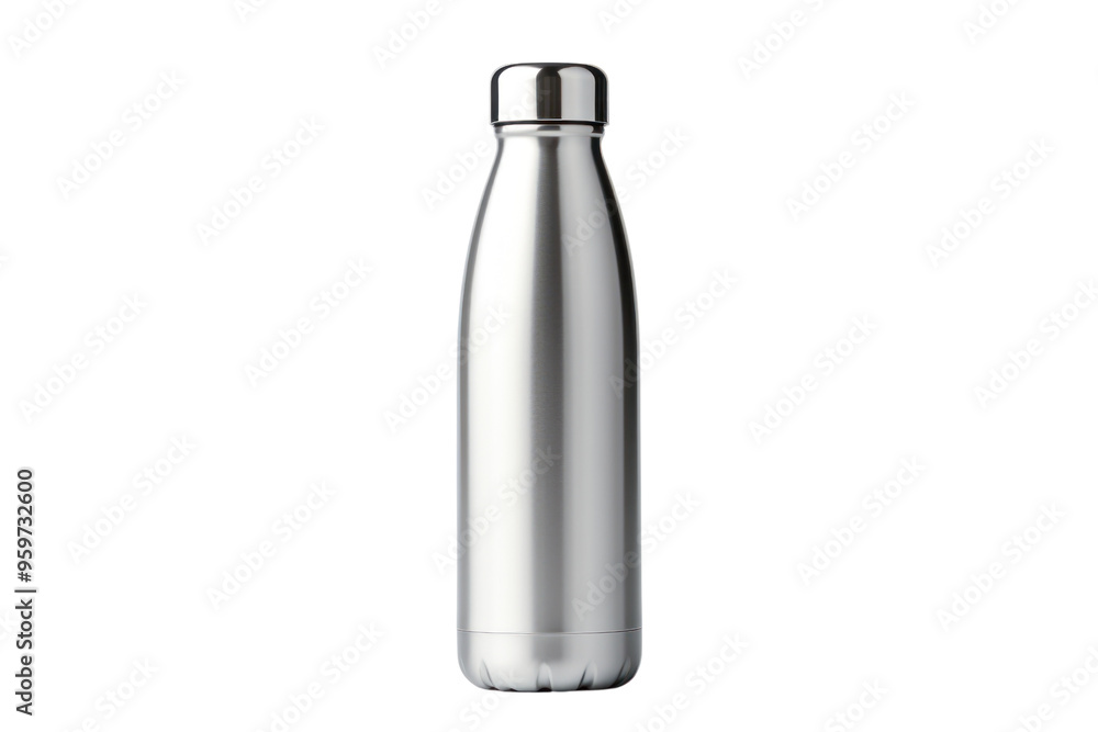 A stainless steel water bottle with a sleek, minimalist design, isolated on a white background. A stainless steel water bottle with a sleek, minimalist design, isolated on a white background.