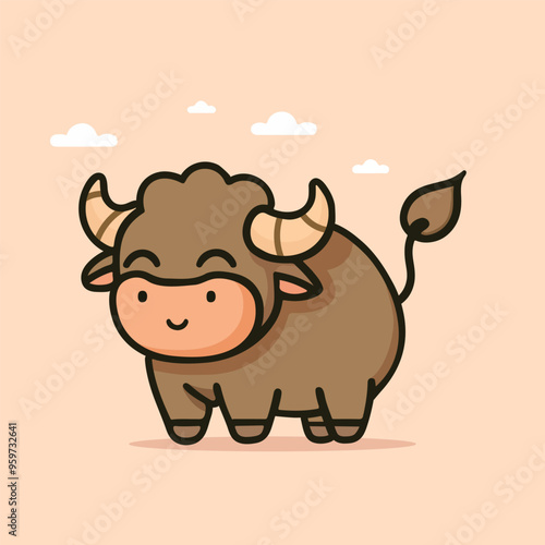 Cute cartoon buffalo flat style vector illustration