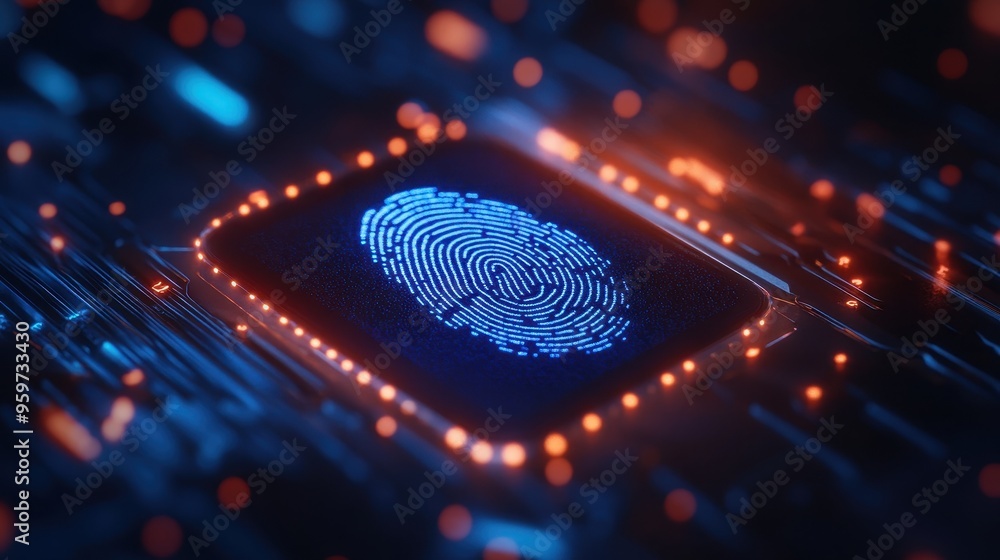 Futuristic Digital Fingerprint on Microchip Circuit Board Representing Cybersecurity and Technology Futuristic Digital Fingerprint on Microchip Circuit Board Representing Cybersecurity and Technology