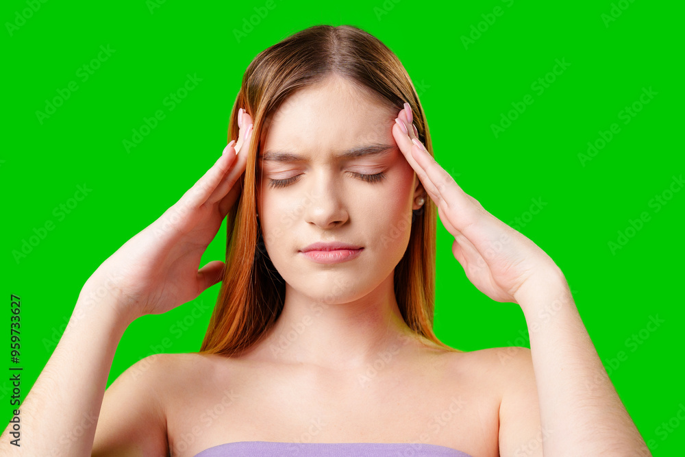 Young Woman With Headache Holding Her Temples Against a Green Background Young Woman With Headache Holding Her Temples Against a Green Background