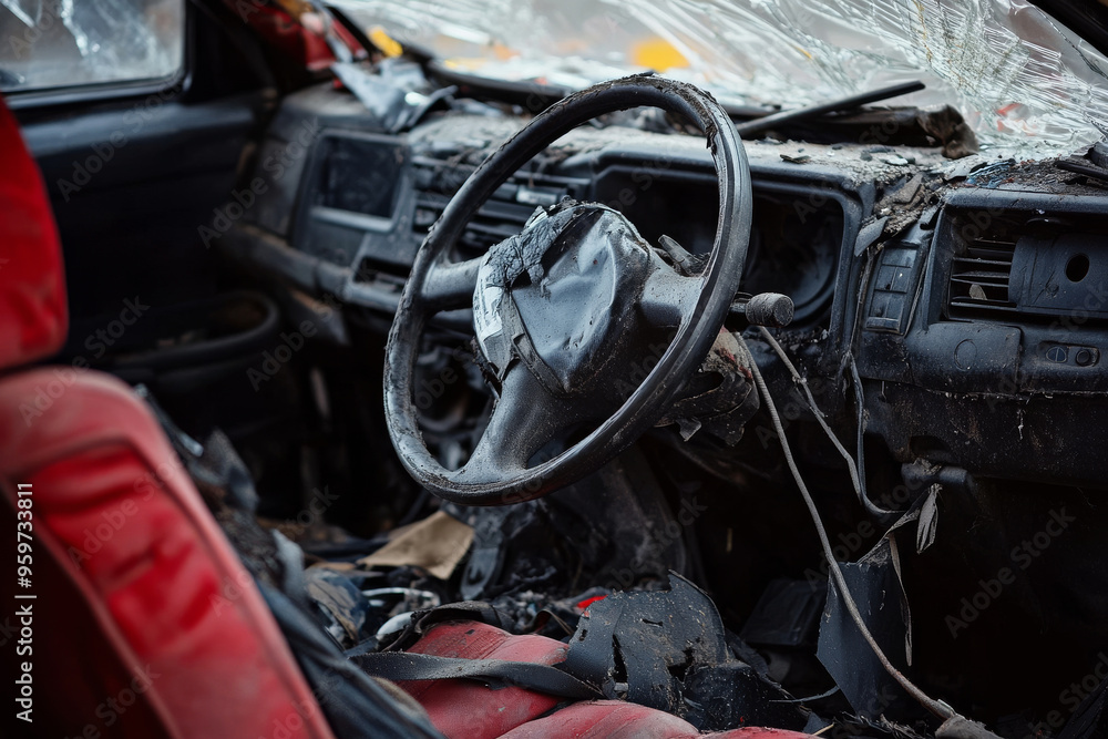 Inside view of crashed car burnt dashboard and deflated airbag. Damaged interior of wrecked vehicle after road traffic accident. Dangerous driving Inside view of crashed car burnt dashboard and deflated airbag. Damaged interior of wrecked vehicle after road traffic accident. Dangerous driving