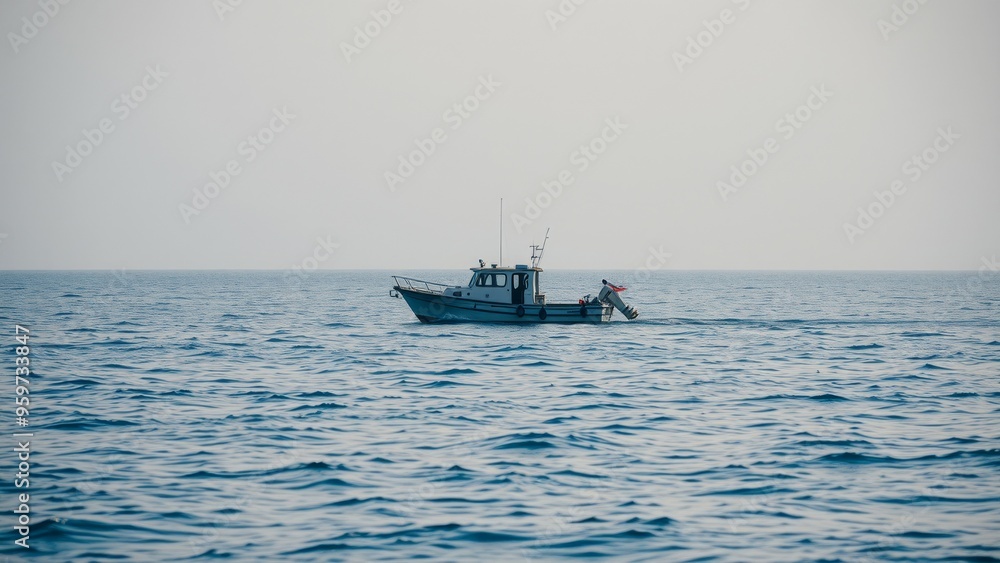 A small white boat on a calm blue sea. A small white boat on a calm blue sea.