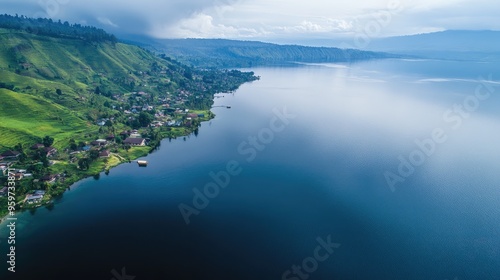 Top view of the serene Lake Toba, the largest volcanic lake in the world, nestled in the highlands of North Sumatra.