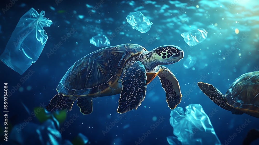 Obraz premium Sea Turtle Amidst Plastic Pollution