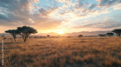 Golden sunset over a vast African savanna with acacia trees, casting long shadows on the dry grass.