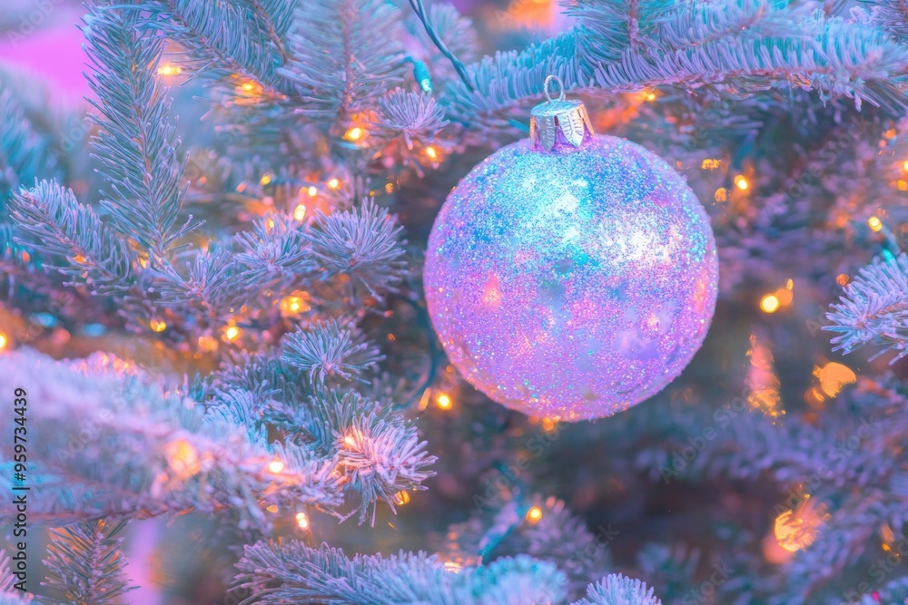 A frosted Christmas tree adorned with a single reflective ornament, set against a dreamy pastel background of pink and lavender hues with the icy branches and soft colors A frosted Christmas tree adorned with a single reflective ornament, set against a dreamy pastel background of pink and lavender hues with the icy branches and soft colors