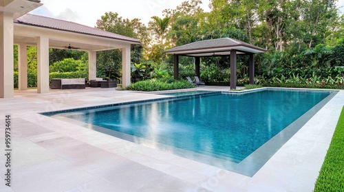 Wallpaper Mural Serene Oasis: Luxurious Modern Swimming Pool with Elegant Gazebo in Lush Garden Landscape Torontodigital.ca