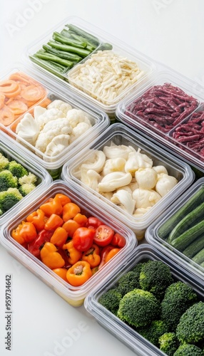 A vibrant assortment of fresh vegetables in clear containers, perfect for meal preparation and healthy eating.