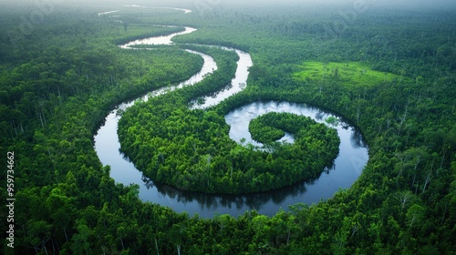 Top view of the Tanjung Puting National Park's dense rainforests in Kalimantan, with meandering rivers and wetlands.