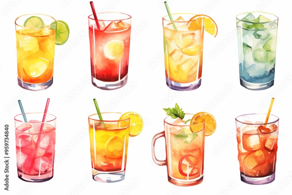 Set of watercolor hand painted summer aperetive cocktails glass simple sketch illustration on white background DIY elements for bar menu social media ads and posters Set of watercolor hand painted summer aperetive cocktails glass simple sketch illustration on white background DIY elements for bar menu social media ads and posters