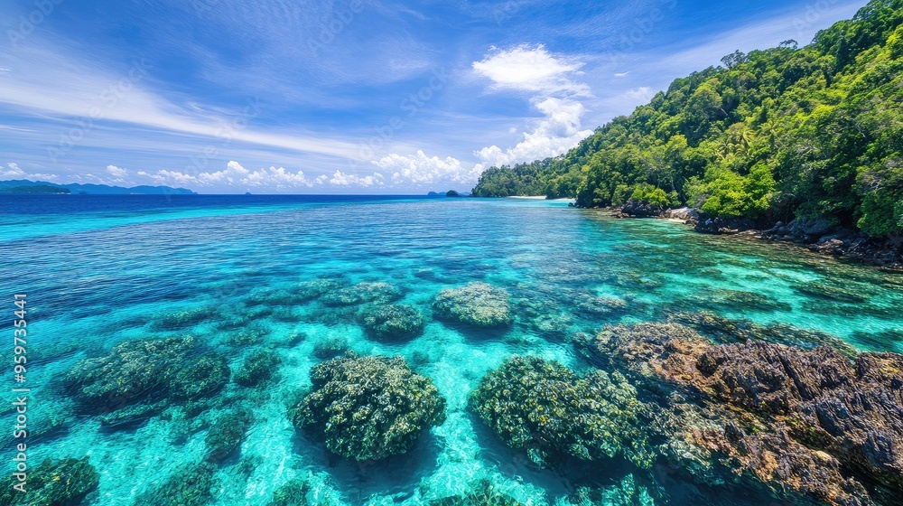 Top view of the vibrant reefs around the Surin Islands, a snorkeling paradise in the Andaman Sea, Thailand. Top view of the vibrant reefs around the Surin Islands, a snorkeling paradise in the Andaman Sea, Thailand.