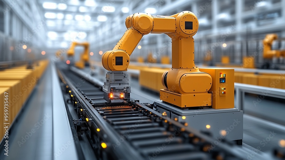 Automated Precision: A yellow robotic arm works on a production line in a modern factory, highlighting the efficiency and automation of Industry 4.0. Automated Precision: A yellow robotic arm works on a production line in a modern factory, highlighting the efficiency and automation of Industry 4.0.