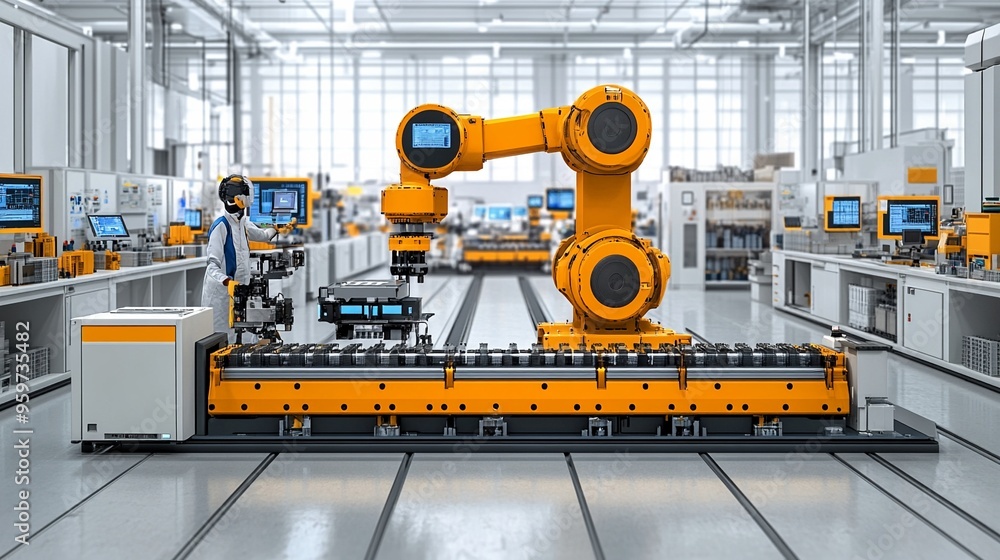 Fototapeta premium Automated Precision: A lone engineer oversees a robotic arm on a futuristic assembly line, showcasing the future of manufacturing with advanced technology. 