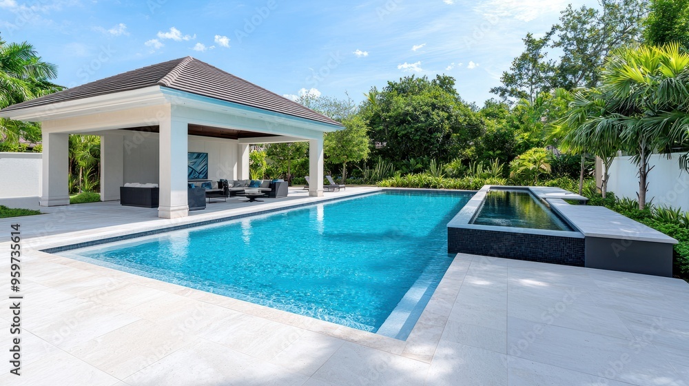 Fototapeta premium Serene Oasis: Luxurious Modern Swimming Pool and Elegant Gazebo in Lush Garden Landscape