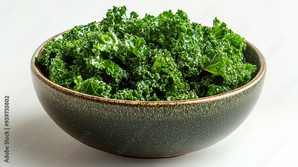 a bowl of sauteed kale, cooked and ready to eat, glossy and tender, isolated on white background a bowl of sauteed kale, cooked and ready to eat, glossy and tender, isolated on white background