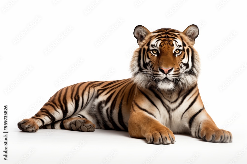 Obraz premium Tiger lying down isolated on white 
