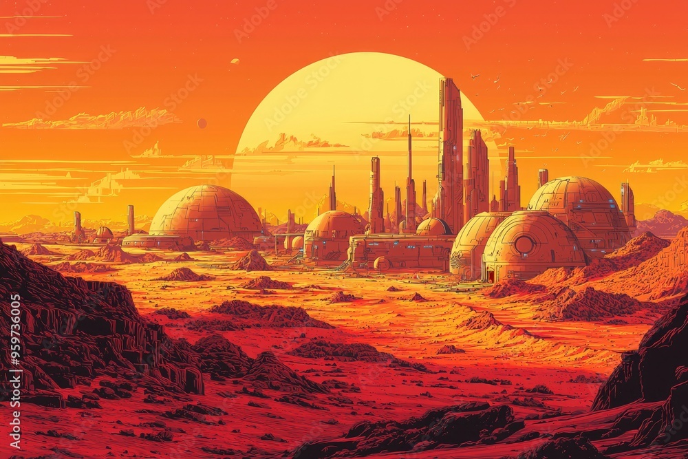 Obraz premium Futuristic Cityscape on a Red Planet at Sunset