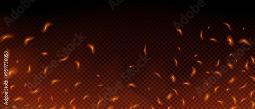 Fire spark overlay with smoke and flame. Grill heat glow. Flying orange sparkle. Hell bonfire. Sparks fly as embers burn. Flames with sparks on a black background. Flame PNG.