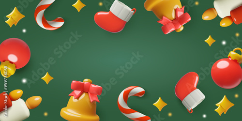 Christmas background 3d vector design with red candy canes, jingle bells, stockings and xmas ornaments on green background in a three dimensional cute realistic plastic style.