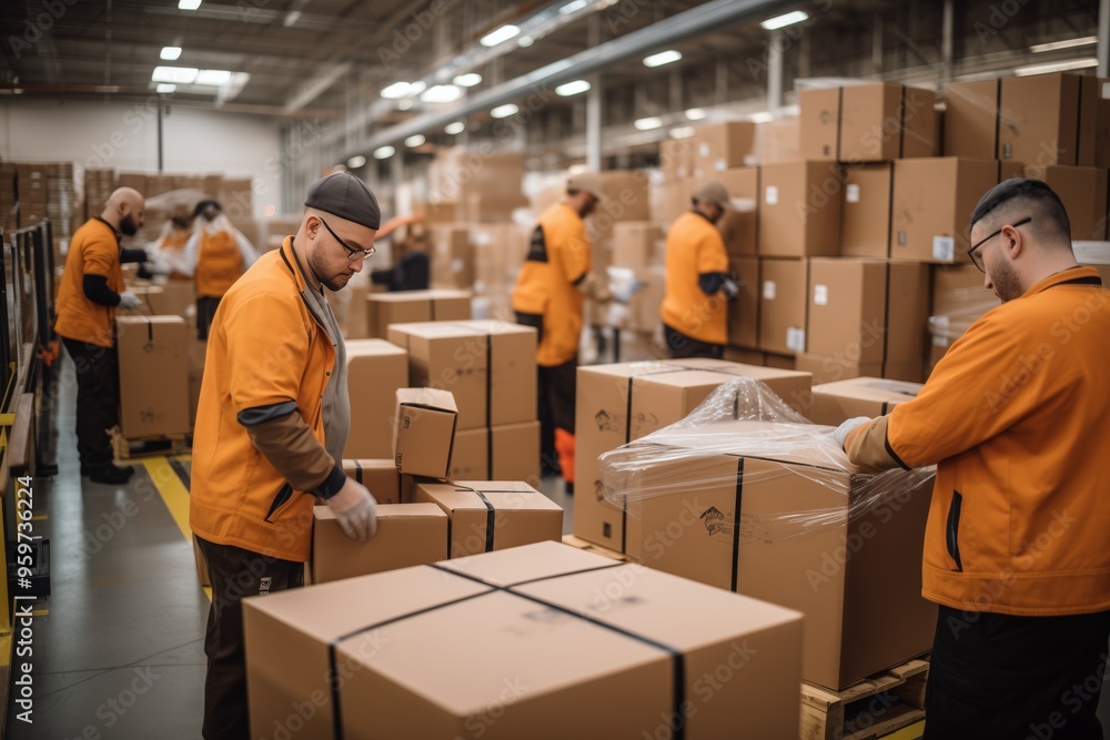 Warehouse workers work in teams and lift sealed cardboard boxes for shipments in large warehouses. Warehouse workers work in teams and lift sealed cardboard boxes for shipments in large warehouses.