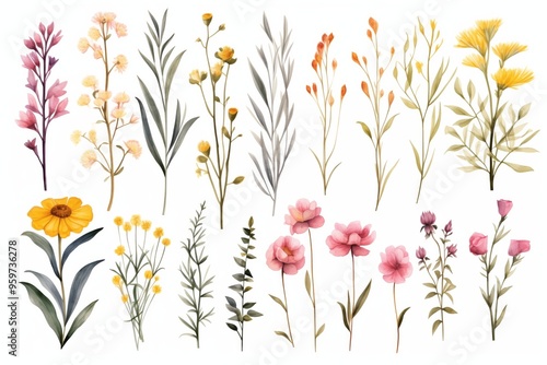 watercolor arrangements with garden flowers. bouquets with pink, yellow wildflowers, leaves, branches. Botanic illustration isolated on white background.