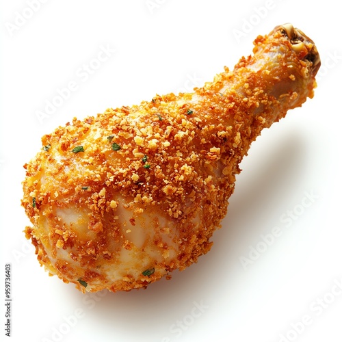 a chicken drumstick covered in breadcrumbs, ovenbaked style, crunchy and golden, isolated on white background photo