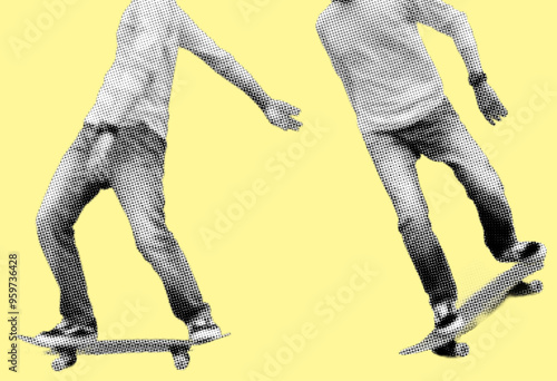 Skateboarder playing tricks pixelate color halftone dotted texture style collage element