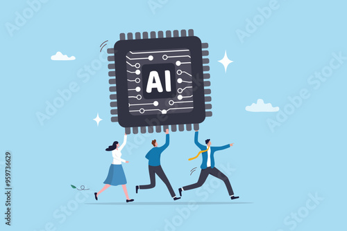 Embrace AI, Artificial Intelligence adoption, user or people who use AI to help and support work success, innovation or revolution to change business concept, business people carry AI processing chip.