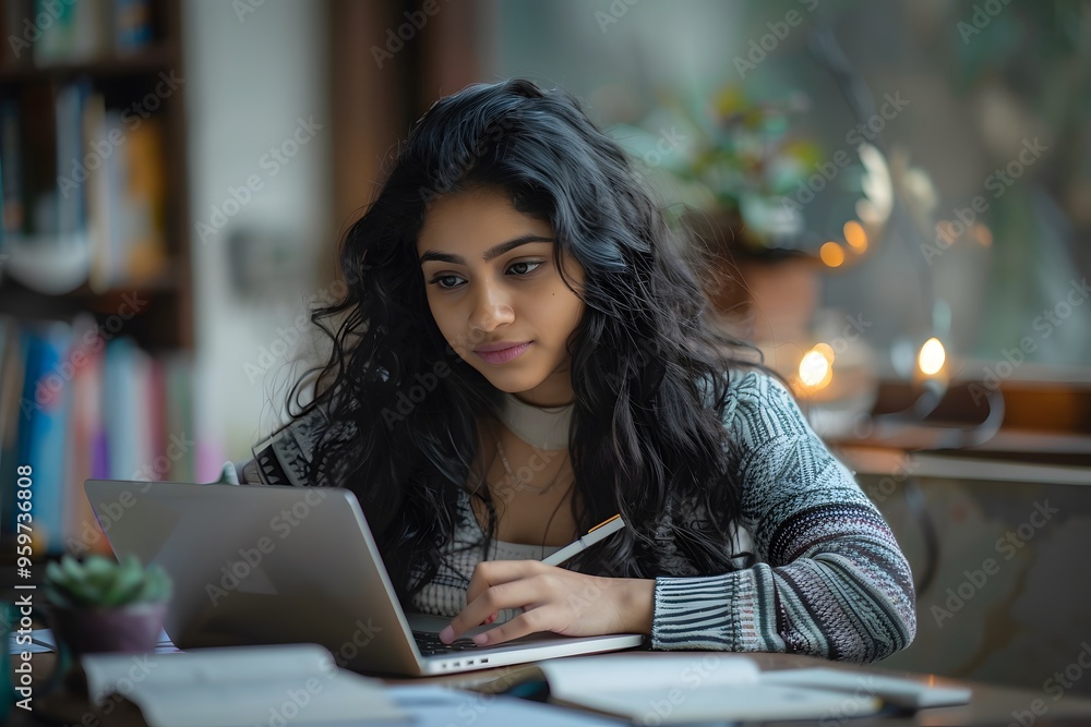 Fototapeta premium Focused Student Engaged in Online Learning at a Cozy Study Space