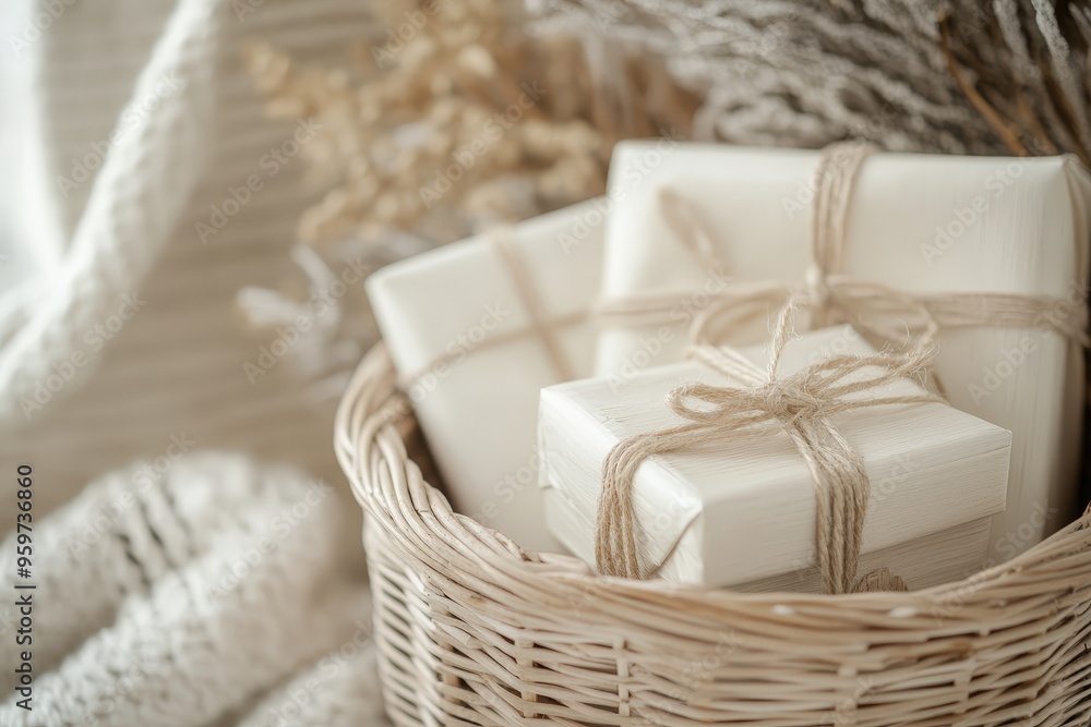Cadeaux emballés avec ficelle dans un panier en osier décoratif Cadeaux emballés avec ficelle dans un panier en osier décoratif