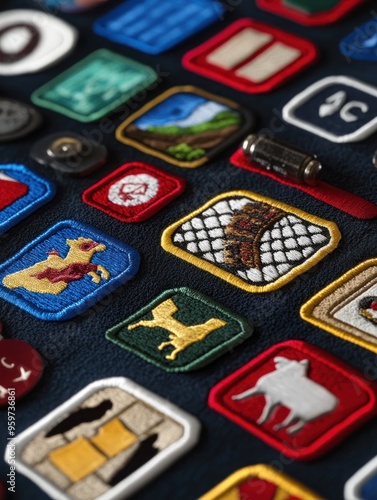 A close-up shot of various colorful embroidered patches on a blue fabric background.