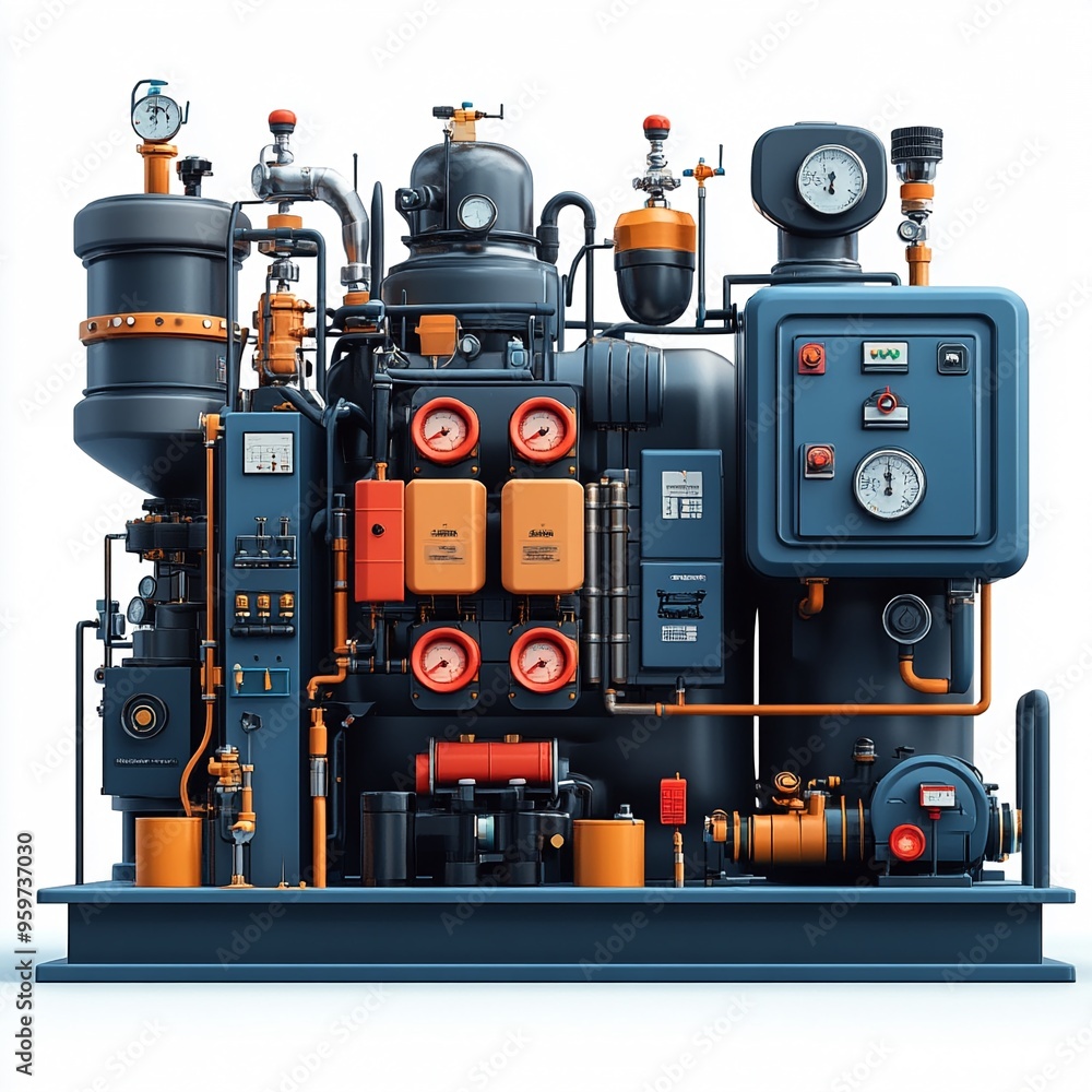 Fototapeta premium The Heart of the Machine: A complex, meticulously rendered industrial engine hums with power, its intricate network of pipes, gauges, and valves showcasing the beauty of engineering. 