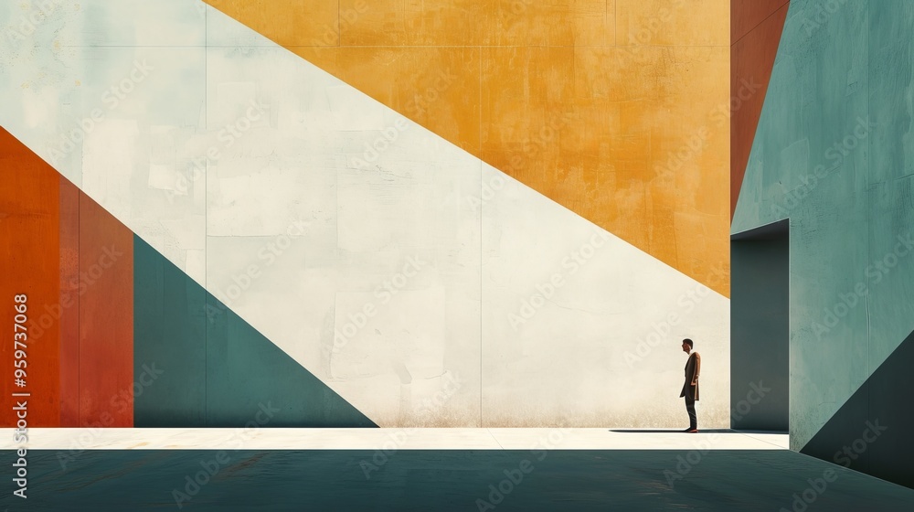 A solitary man stands in the shadow of a large, brightly colored geometric mural. The mural features bold, intersecting shapes in shades of orange, white, blue, and red, creating a modern and striking A solitary man stands in the shadow of a large, brightly colored geometric mural. The mural features bold, intersecting shapes in shades of orange, white, blue, and red, creating a modern and striking