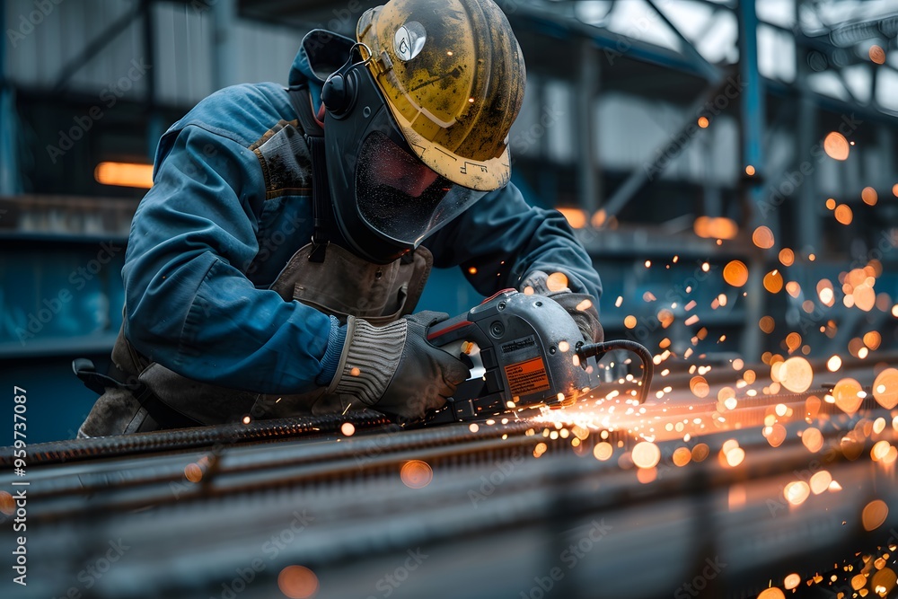 Skilled Worker Grinding Metal Sparks in Industrial Setting Skilled Worker Grinding Metal Sparks in Industrial Setting