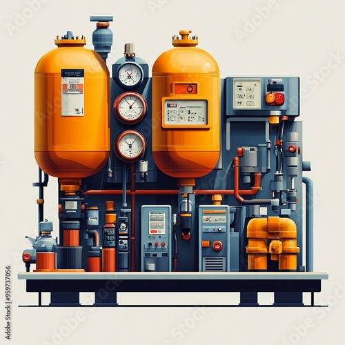 Industrial Machine with Gauges: A detailed illustration of an industrial machine, featuring intricate piping, gauges, and control panels, showcasing the complexity and precision of modern manufacturin photo