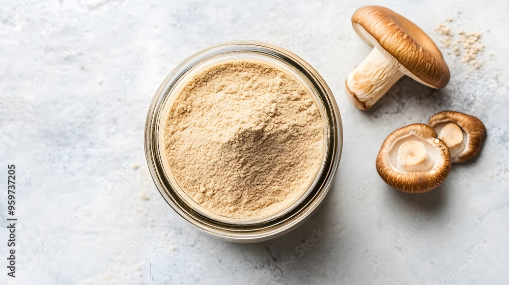 A jar of mushroom powder and mushrooms on a grey surface A jar of mushroom powder and mushrooms on a grey surface
