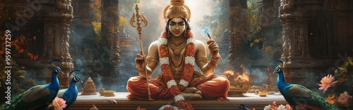 Divine Pose of Lord Muruga with Spear and Temple Backdrop photo