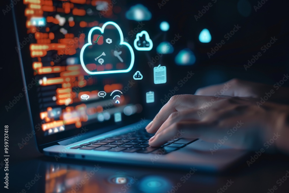 Weather icon with hands typing on a laptop with cloud environment change technology icons floating above, indicating the use and management of AI in data visualization design for web development. Weather icon with hands typing on a laptop with cloud environment change technology icons floating above, indicating the use and management of AI in data visualization design for web development.