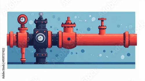 Industrial Pipeline System: A detailed of a complex industrial pipeline system, showcasing intricate pipes, valves, gauges, and connections. The design emphasizes functionality and effici photo