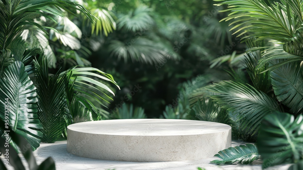 Minimalist Concrete Pedestal in Lush Green Tropical Jungle Setting with Sunlight Filtering Through Leaves Minimalist Concrete Pedestal in Lush Green Tropical Jungle Setting with Sunlight Filtering Through Leaves