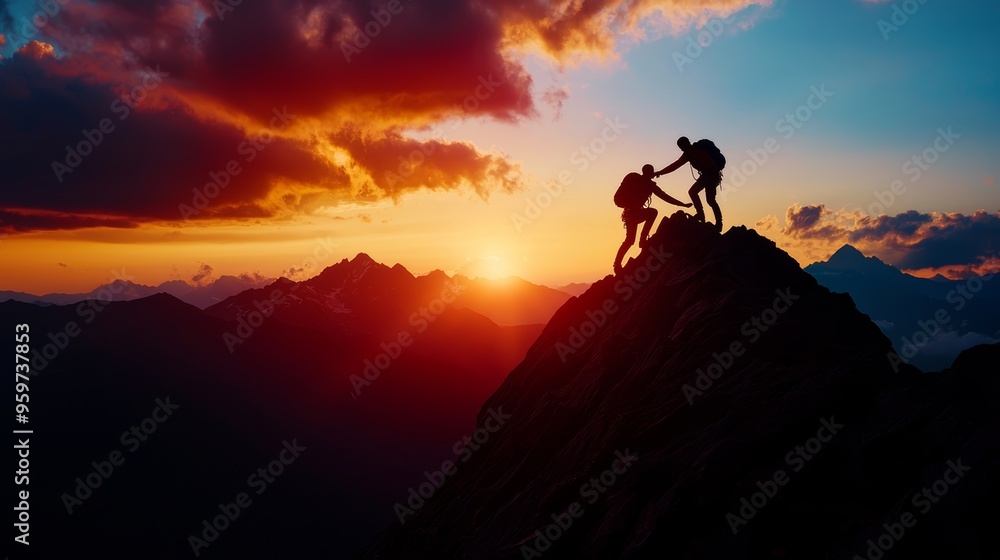 Mountain climbers at dawn, with one extending a hand to assist the other, showcasing the spirit of teamwork and the triumph of reaching new heights Mountain climbers at dawn, with one extending a hand to assist the other, showcasing the spirit of teamwork and the triumph of reaching new heights